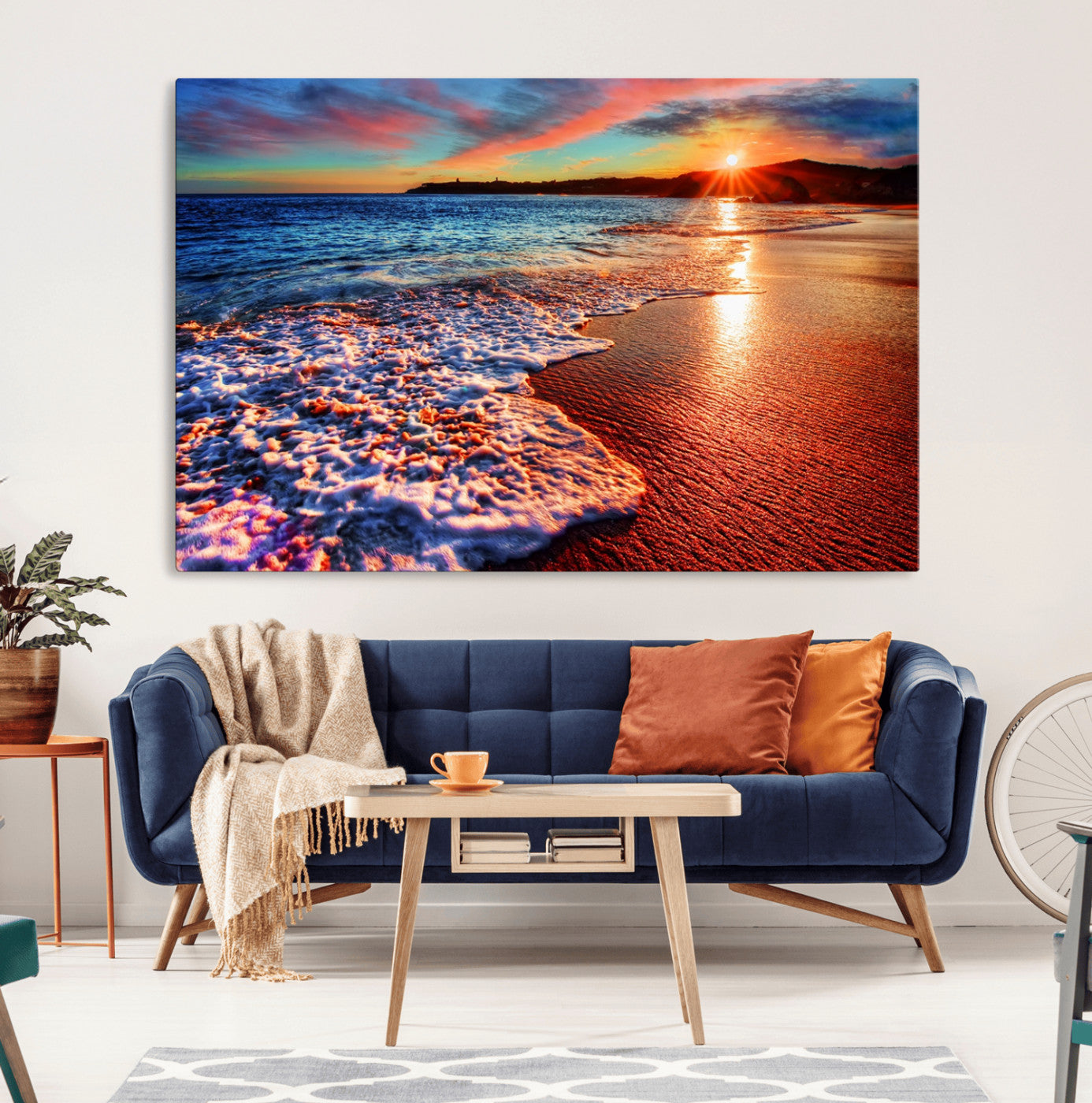 MGV-CV-36X24 - Colorful Coastal Sunset on the Beach Canvas Print, Ocean Waves Crashing at Dusk, Multi-Panel Seascape Vibrant Coastal Wall Art Canvas Print