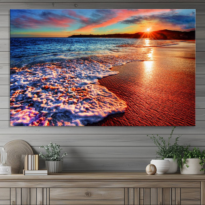 The Colorful Coastal Sunset on the Beach canvas print portrays ocean waves at dusk.