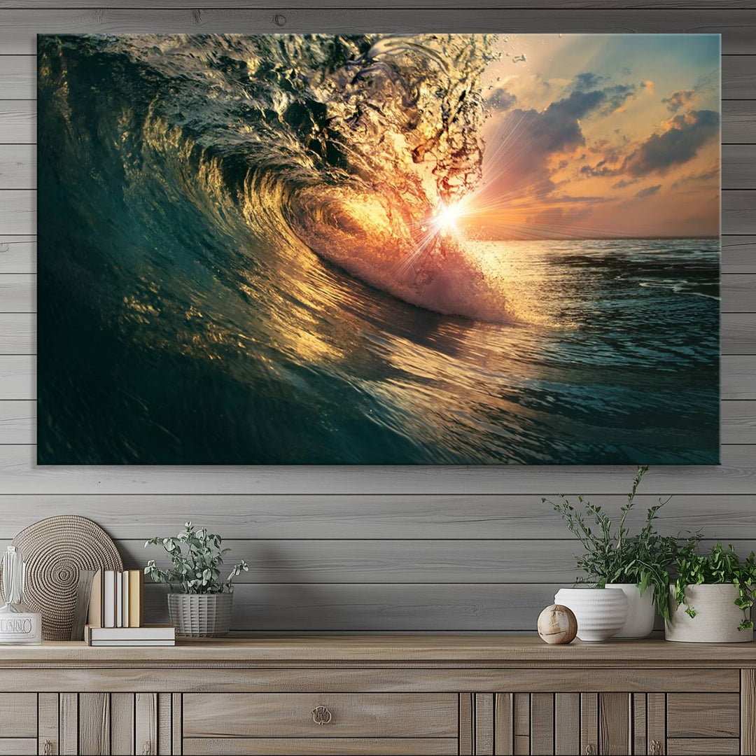 A triptych seascape titled Ocean Wave Sunset Canvas, featuring a stunning ocean view at sunset, is beautifully framed and ready to hang.