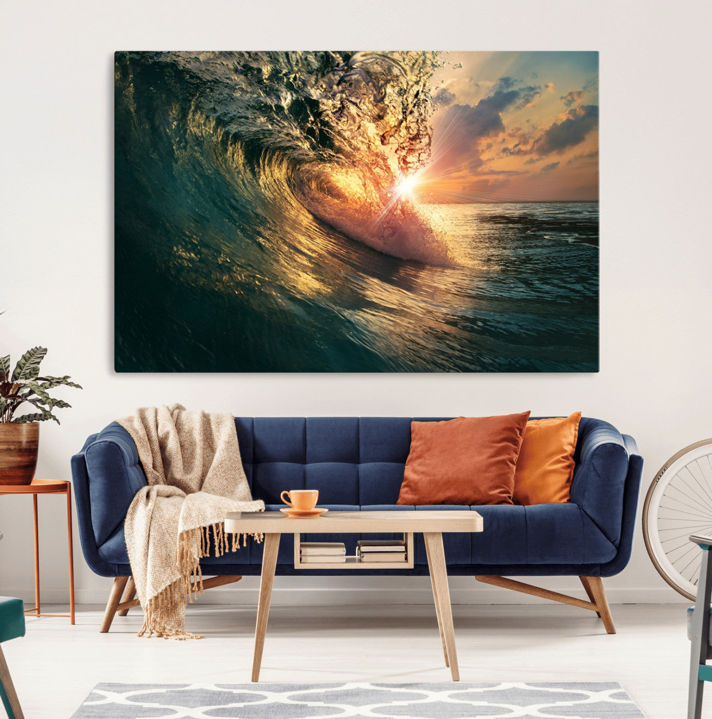 MGV-CV-36X24 - Ocean Wave Sunset Canvas Wall Art – Triptych Seascape Print – Framed and Ready to Hang for Living Room or Office