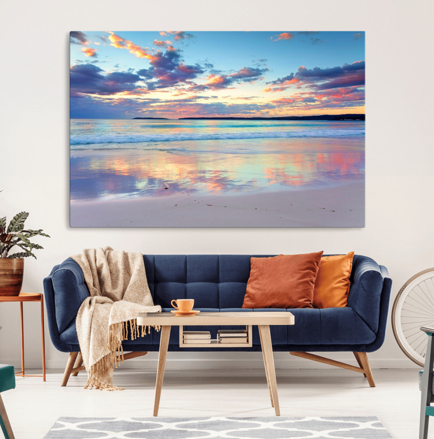 MGV-CV-36X24 - Tranquil Pastel Sunset Beach Triptych Canvas Art, Soothing Coastal Ocean Shoreline Giclee Print,