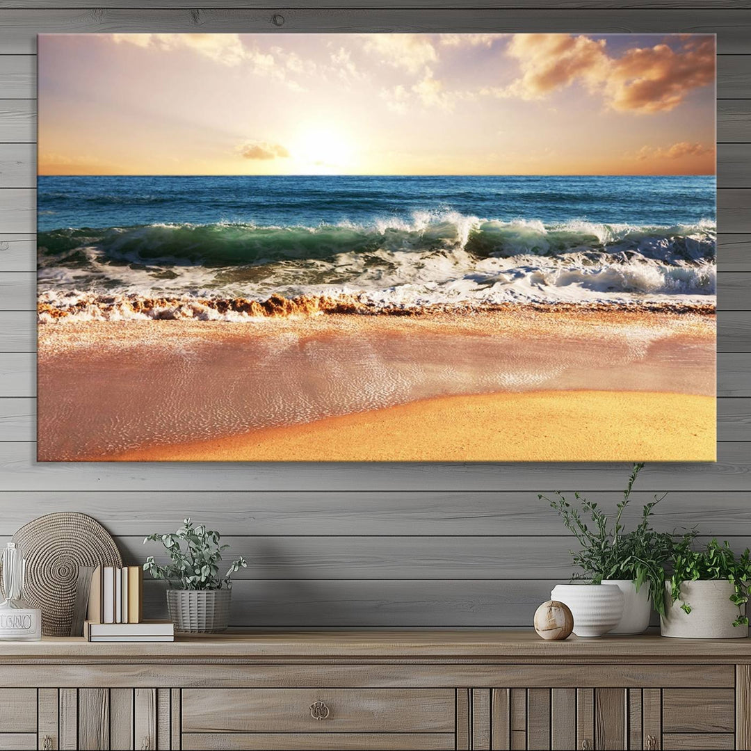 The wall features a Canon-quality Serene Beach Path canvas giclee print, depicting coastal dunes.