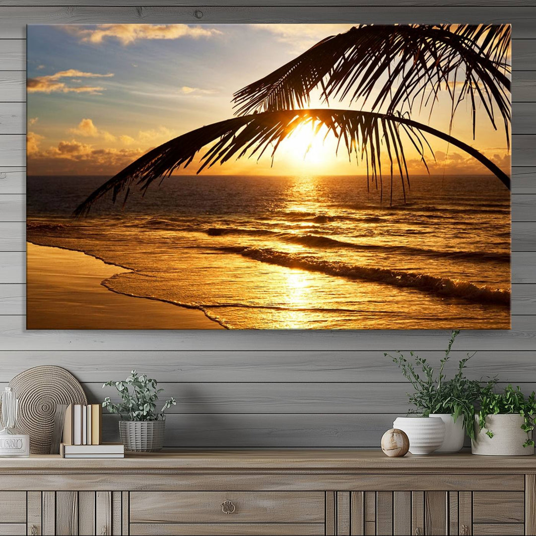 Golden Tropical Beach Sunset Canvas Triptych: Coastal Palm Art & Giclee Print with Gallery Wrap, capturing golden waves.