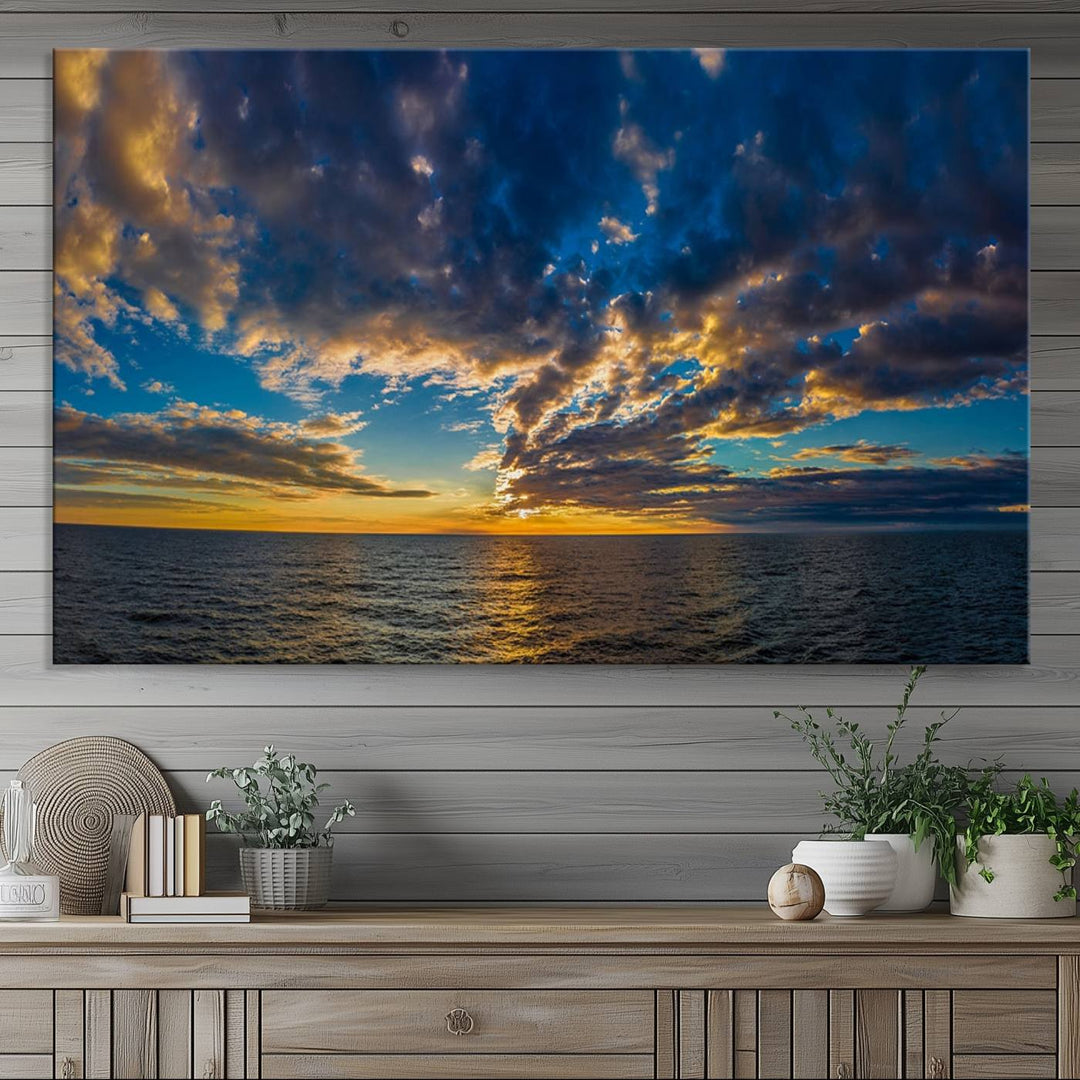 Dramatic Ocean Sunset Canvas Art, Panoramic Seascape Wall Art, Giclee Canvas Print with Canon Quality for Coastal Decor