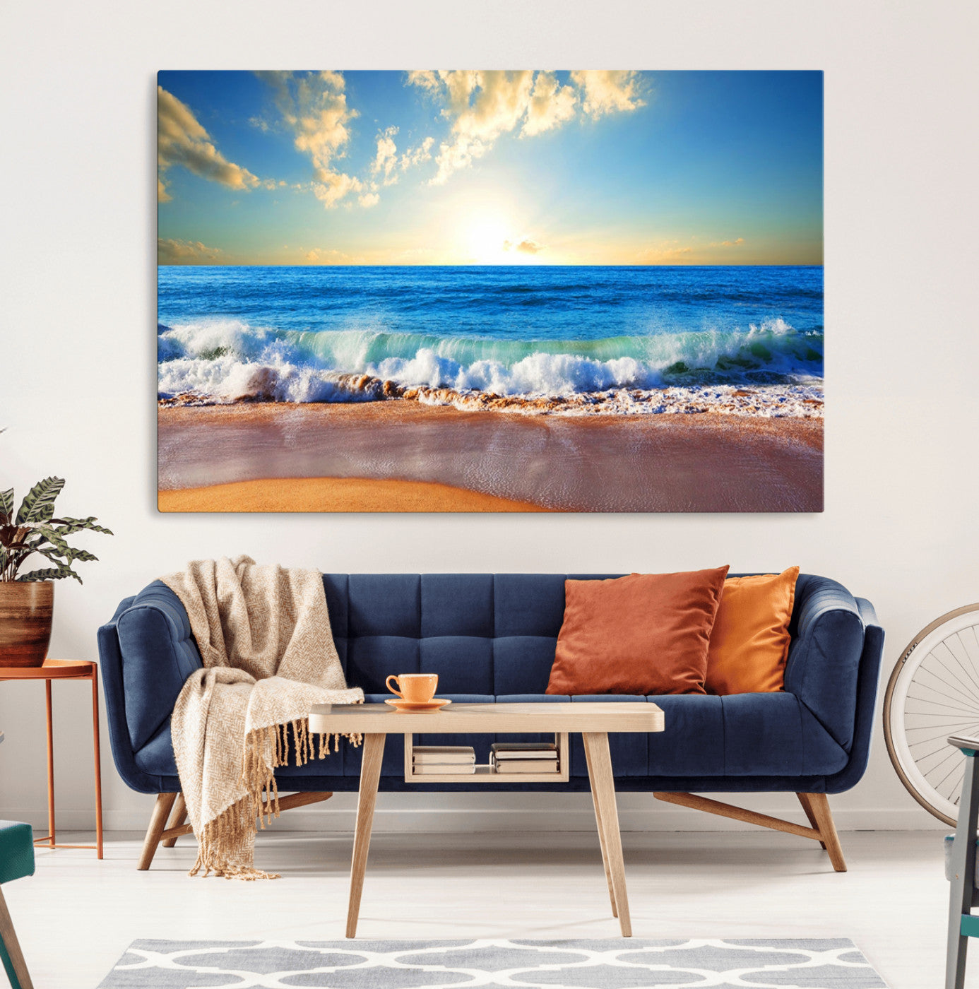 MGV-CV-36X24 - Tropical Beach Sunset Canvas Art, Ocean Waves and Sandy Shoreline Wall Art, Large Beach Decor for Coastal Homes