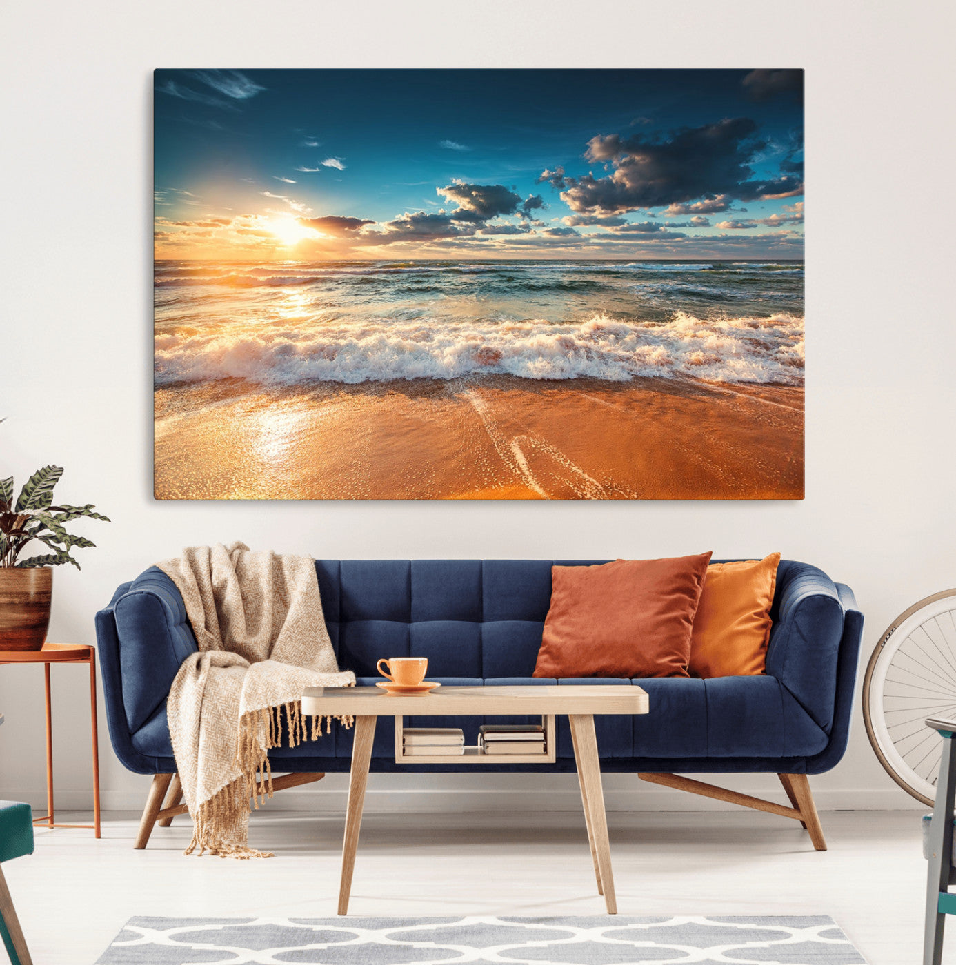 MGV-CV-36X24 - Golden Sunset Beach Triptych Canvas Art, Giclee Coastal Wall Decor, Ocean Waves Print, Modern Beach Scene for Home or Office