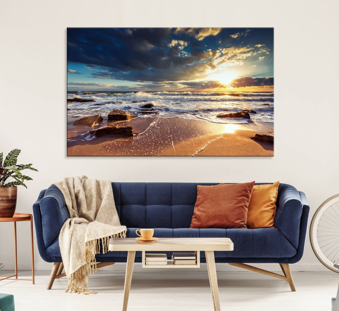 The Golden Hour Beach Sunset triptych adorns the wall with its captivating imagery.