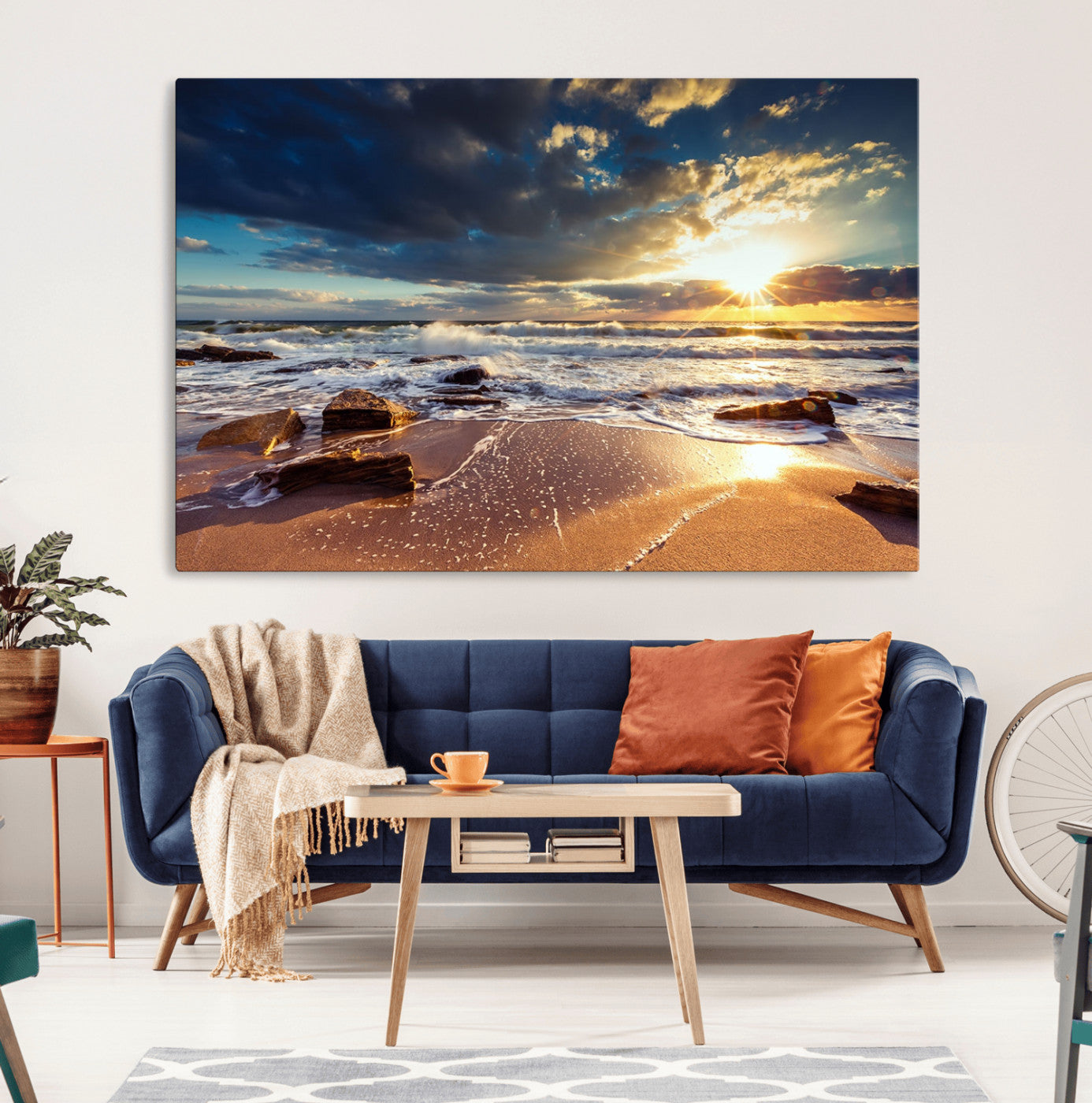 MGV-CV-36X24 - Golden Hour Beach Sunset Canvas Triptych, Ocean Waves and Rocks Wall Art for Coastal Home Decor