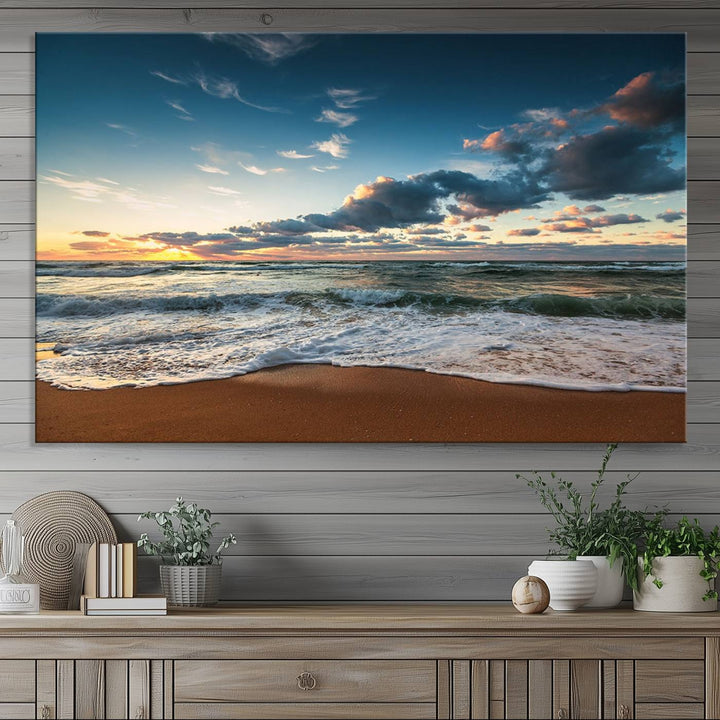 Ocean Beach Wall Art Canvas Print hangs prominently.