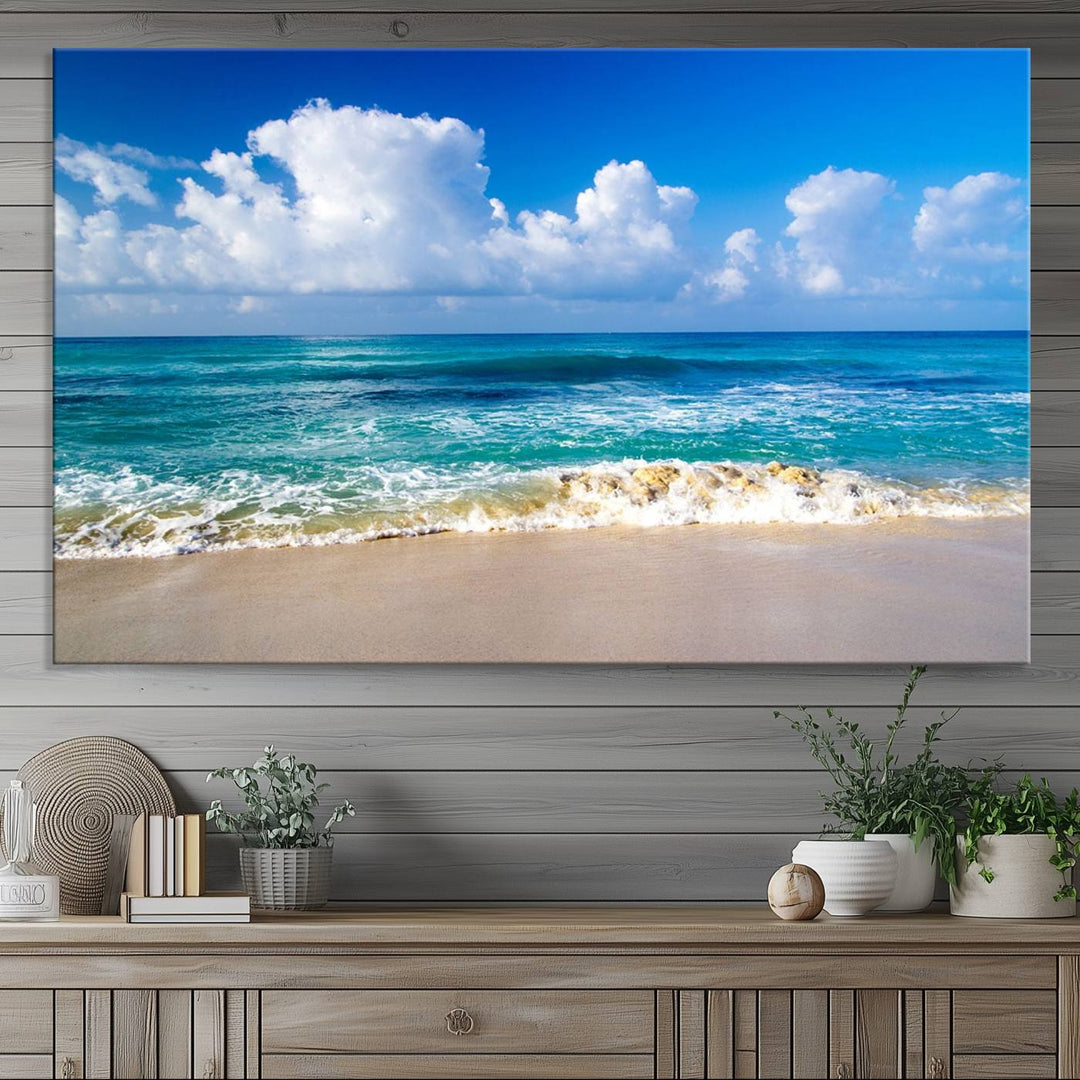 Tropical Beach 3-Panel Canvas Wall Art – Serene Ocean Waves and Blue Sky – Giclée Print for Living Room, Office, or Bedroom Coastal Decor