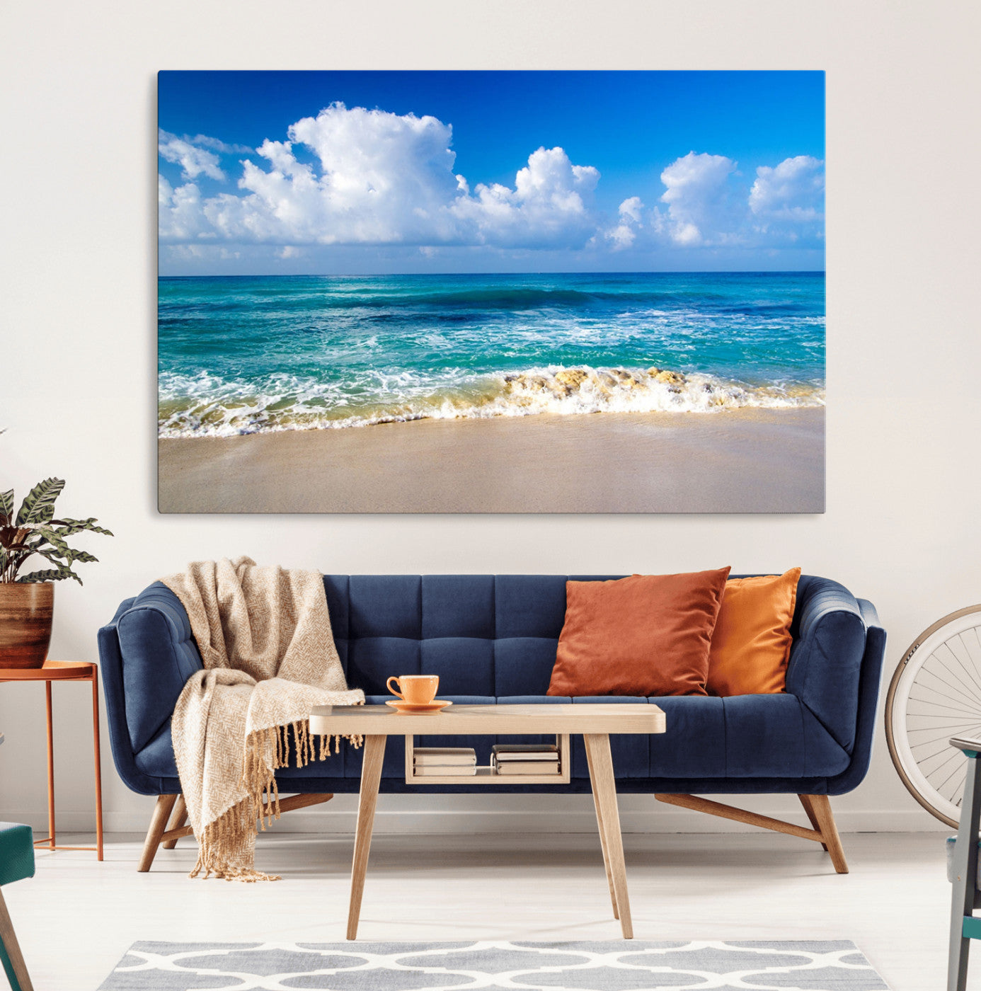 MGV-CV-36X24 - Tropical Beach 3-Panel Canvas Wall Art – Serene Ocean Waves and Blue Sky Wall Art Print