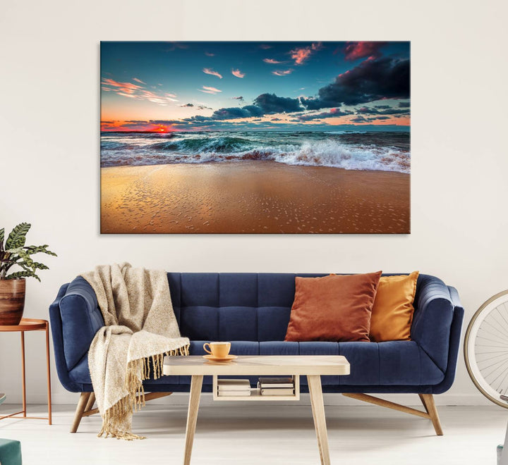 Sunset on Beach Wall Art: Waves under a vibrant sky. Crafted on museum-quality canvas, ready to hang and admire.