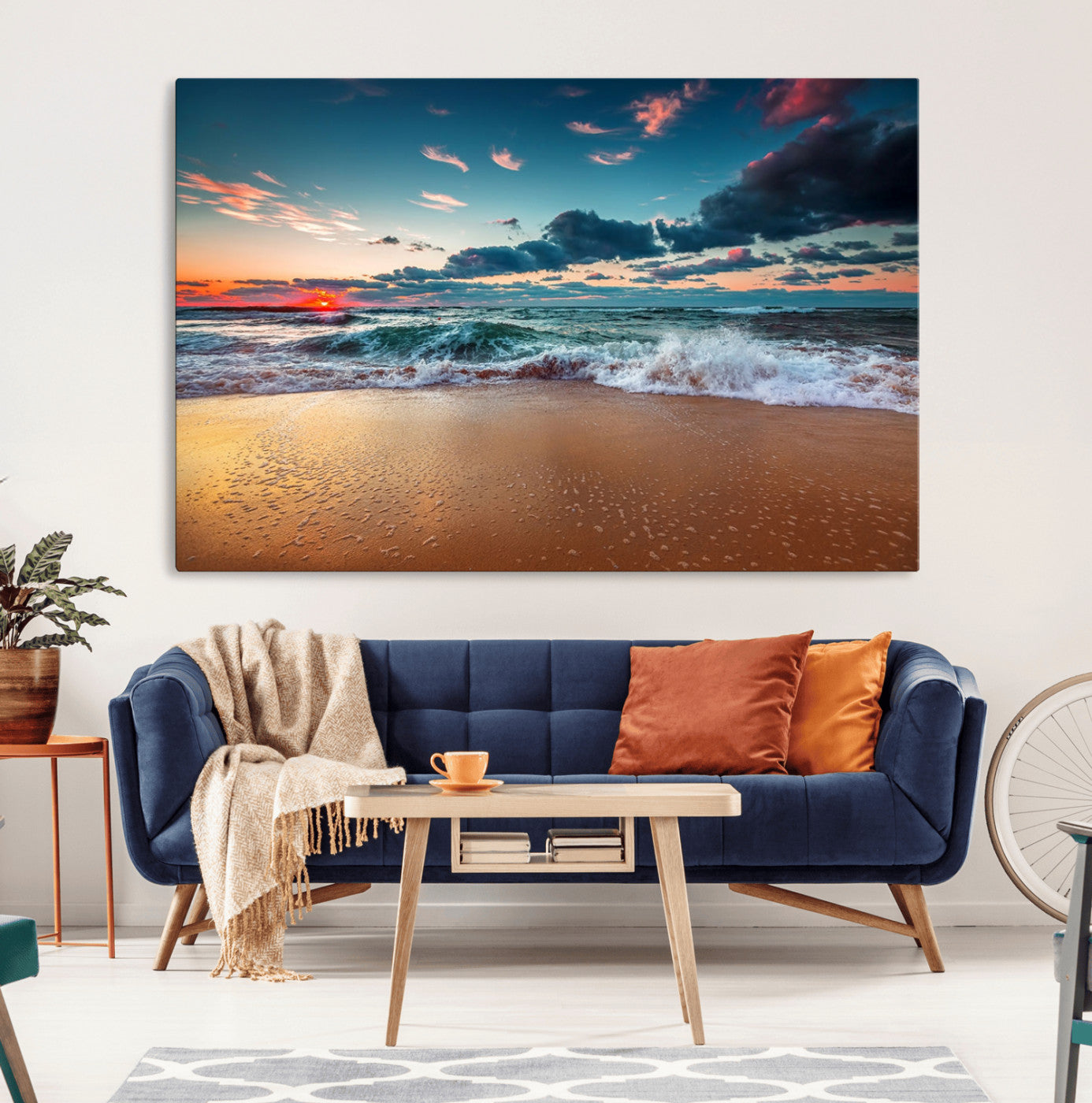 MGV-CV-36X24 - Sunset Ocean Beach Wall Art – Giclee Canvas Print, Coastal Seascape, Ready to Hang, Beach Decor, Large 3-Panel Set for Living Room