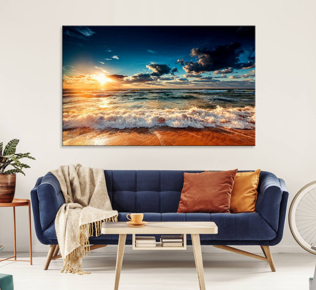 Golden Hour Sunset Over Ocean Waves Canvas: 3-Panel Coastal Landscape Art with Stunning Beach Photography Print.