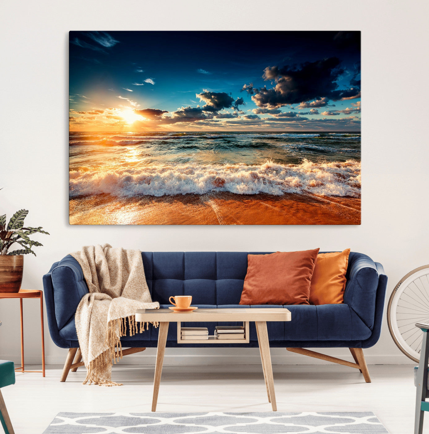 MGV-CV-36X24 - Golden Hour Sunset Over Ocean Waves Wall Art Canvas Print | 3 Panel Coastal Landscape Canvas Wall Art – Stunning Beach Photography Print
