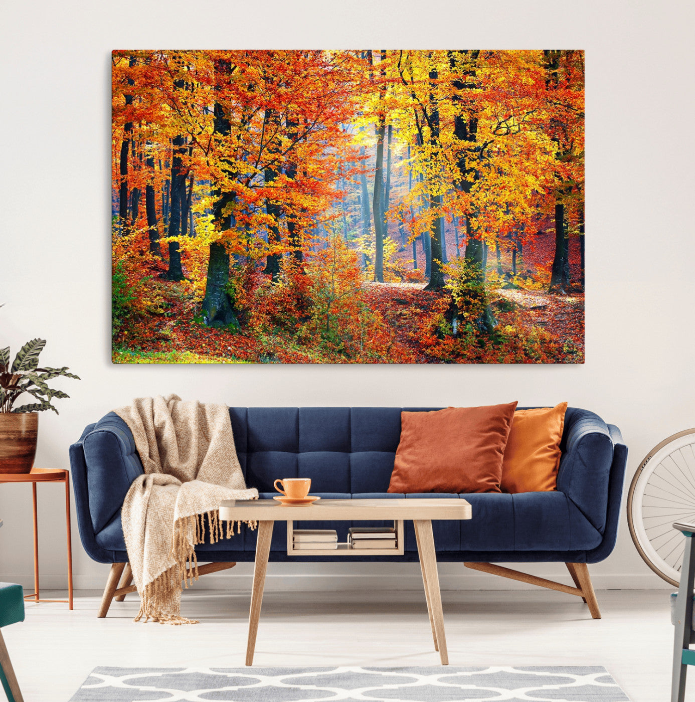 91746-MGV-CV-36X24-Autumn Red Forest Triptych Canvas Wall Art Print, Forest Wall Decor, Fall Landscape Art | Season