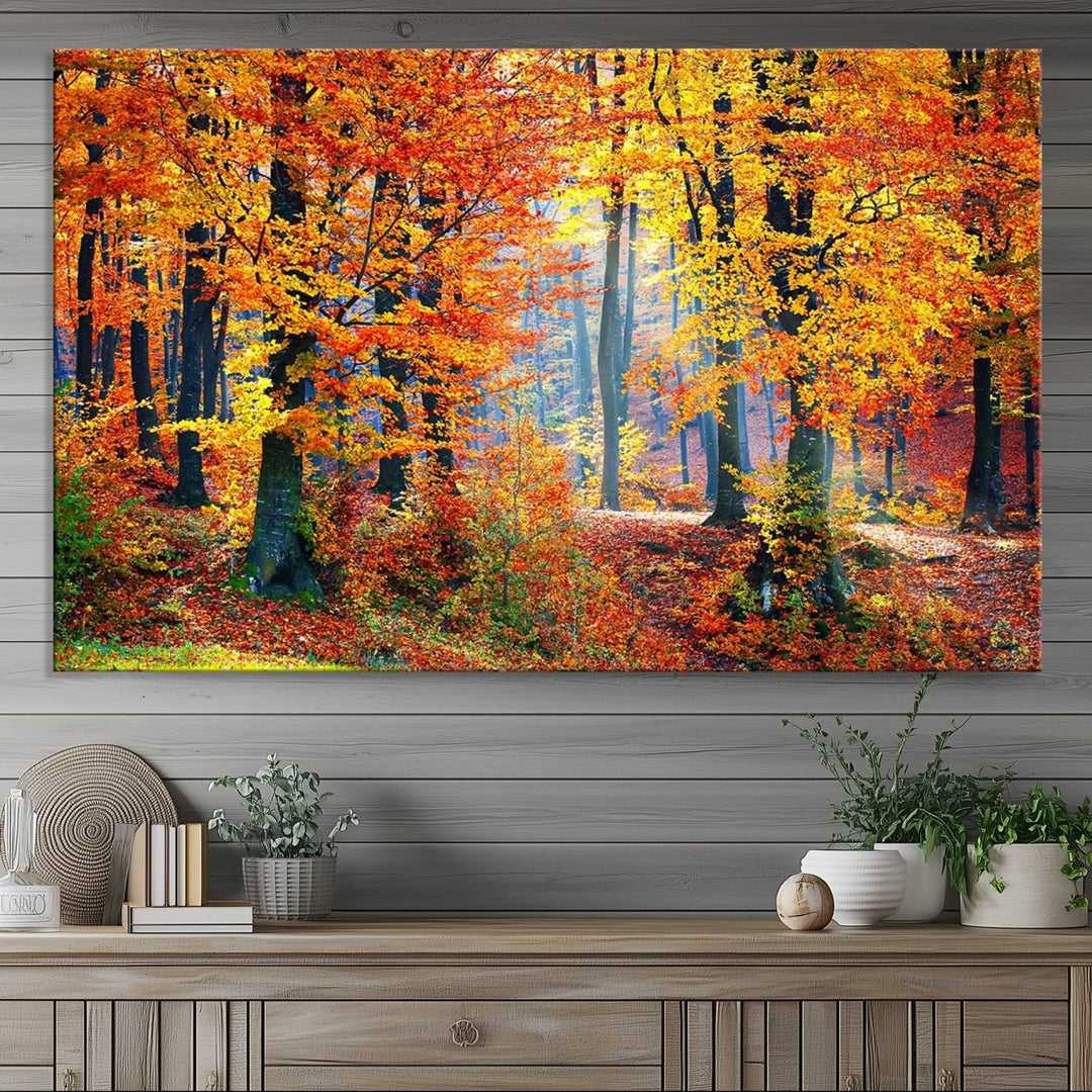 The room features an Autumn Red Forest Triptych Canvas Wall Art.