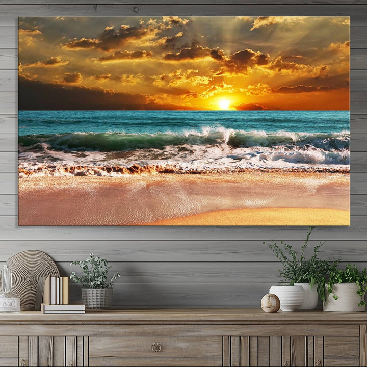 Golden Sunset Beach Canvas Triptych adorns the cozy room, creating a stunning focal point.