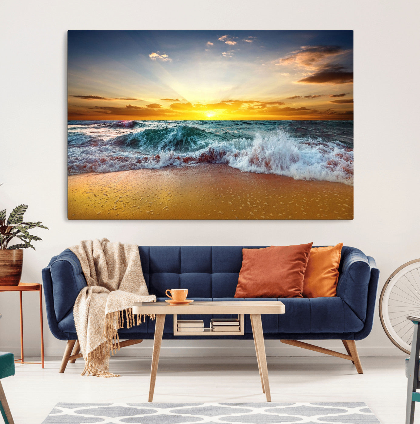 MGV-CV-36X24 - Golden Sunset Ocean Waves Wall Art Canvas Print – Multi Panel Beach Canvas Print Set – Large Coastal Triptych Print for Home or Farmhouse Decor