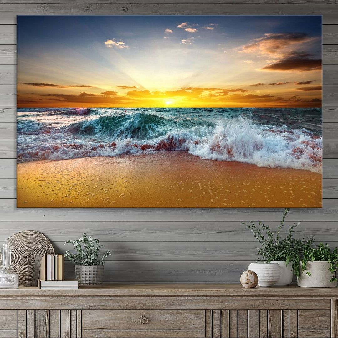 The kitchen features the Golden Sunset Ocean Waves multi-panel coastal wall art canvas.