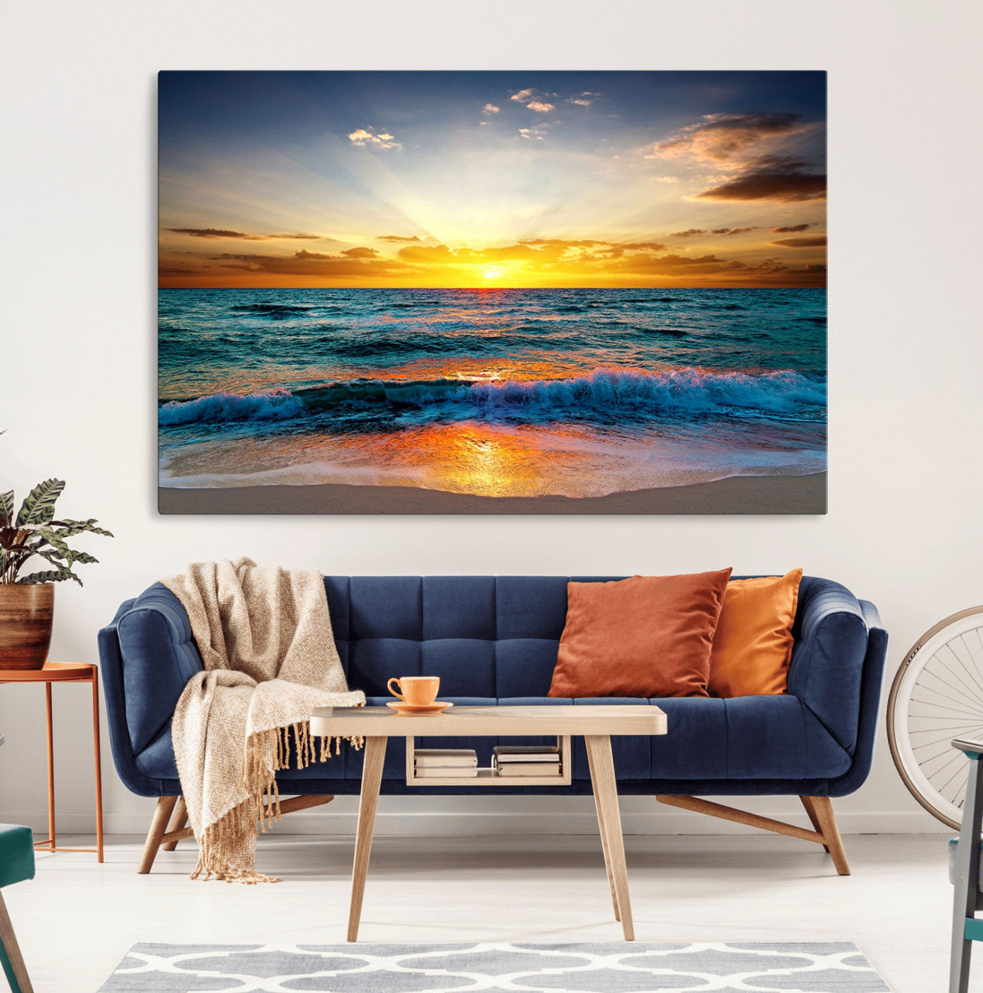 -Vibrant Ocean Sunrise Over Golden Beach Waves, Giclee Canvas Wall Art Set, High-Quality Stretched