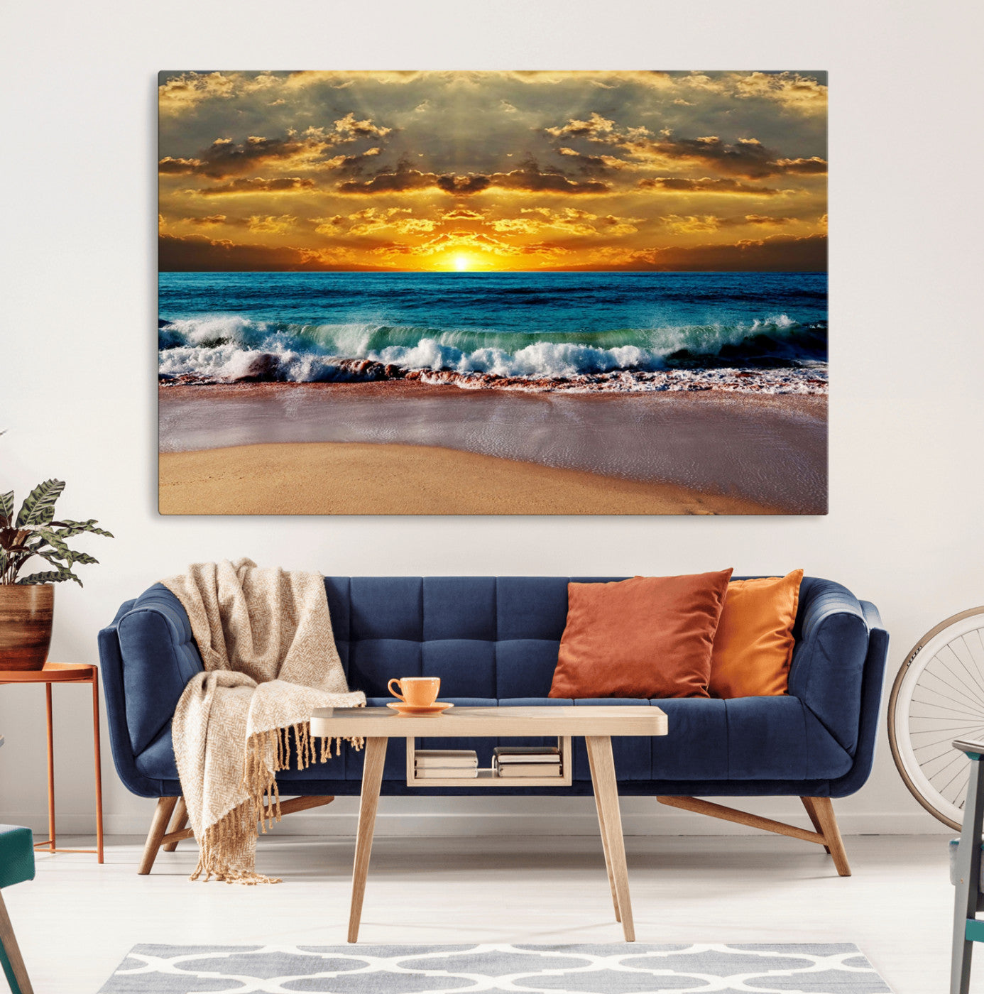 MGV-CV-36X24 - Ocean Sunrise Over Golden Beach Waves, Giclee Canvas Wall Art Set, High-Quality Stretched Canvas Print, Ready to Hang Coastal Sunset Wall Decor