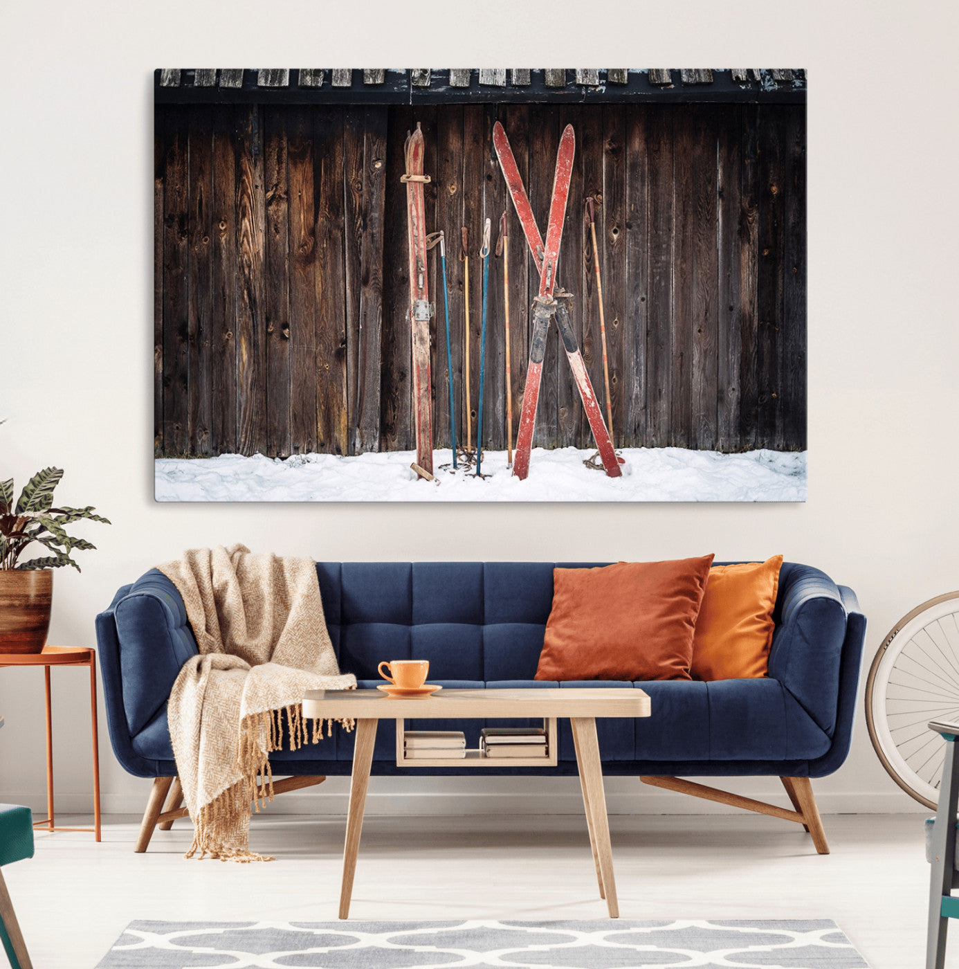 78590-MGV-CV-36X24-Vintage Ski Gear Canvas Print, Vintage Ski Gear Against Wooden Cabin Wall, Rustic Winter Sports