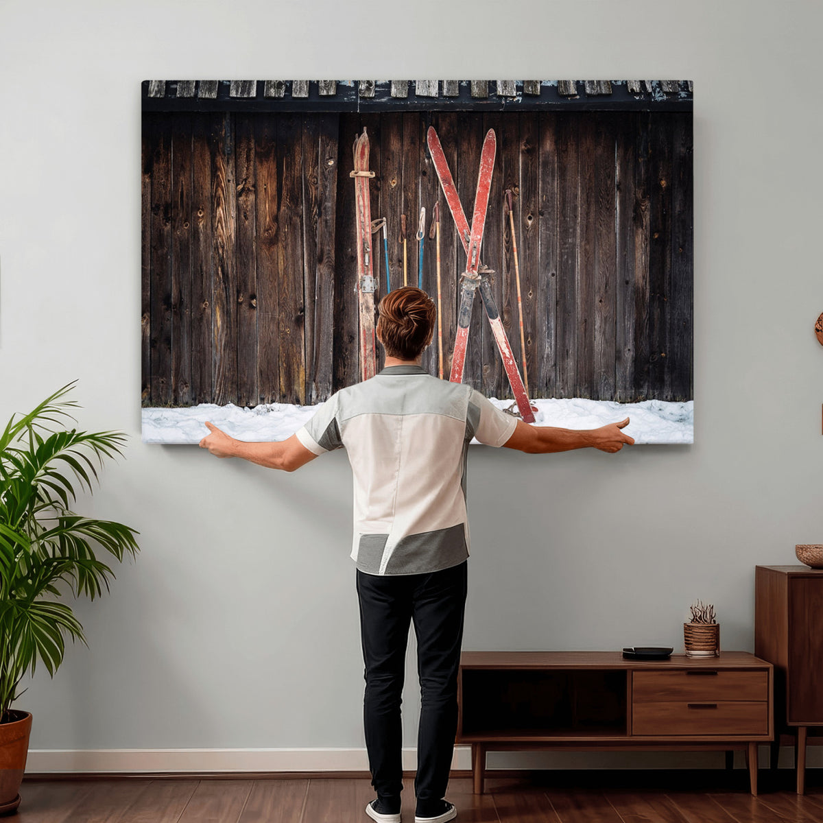 78590-MGV-CV-36X24 - Vintage Ski Gear Canvas Print, Vintage Ski Gear Against Wooden Cabin Wall