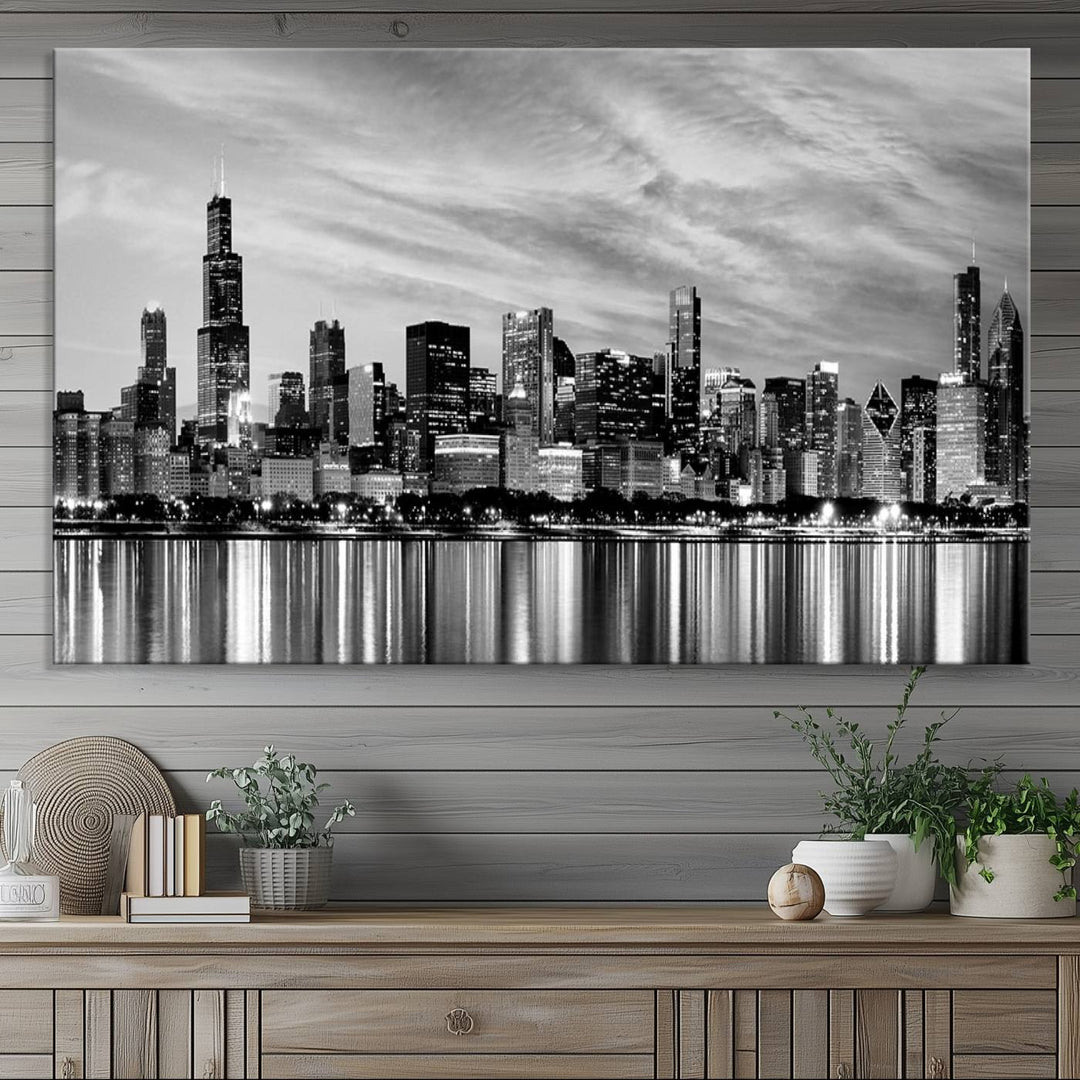 The Chicago City Cloudy Skyline Canvas Print hangs prominently.