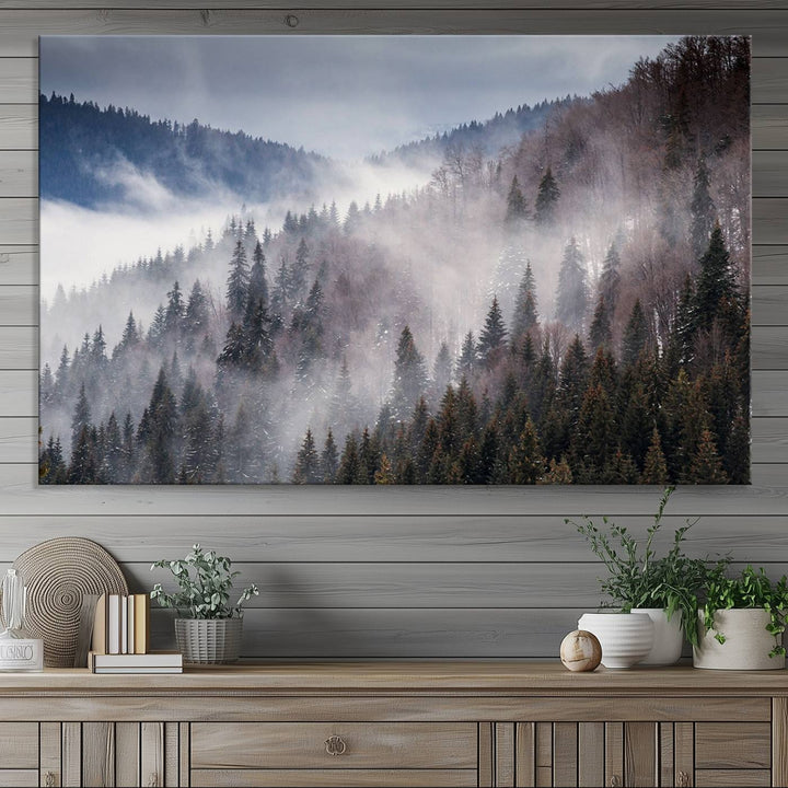 A museum-quality canvas of Beautiful Rising Fog in Winter Mountain Landscape hangs on the wall.