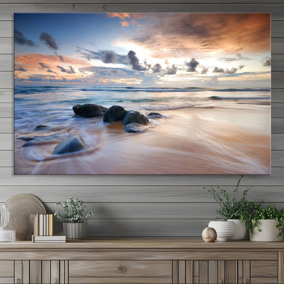 The Serene Weather On The Beach wall art canvas is ready to hang.