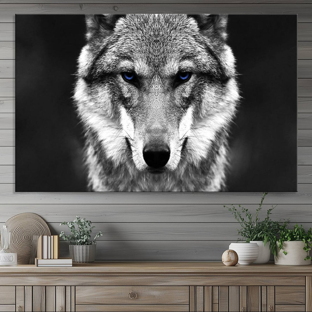 A ready-to-hang Black and White Wild Wolf Wall Art Canvas Print.