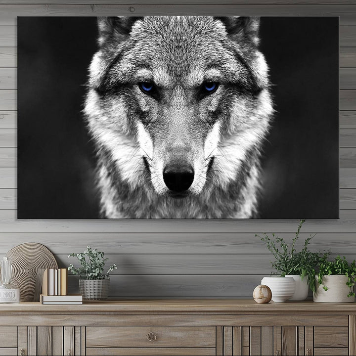 A ready-to-hang Black and White Wild Wolf Wall Art Canvas Print.