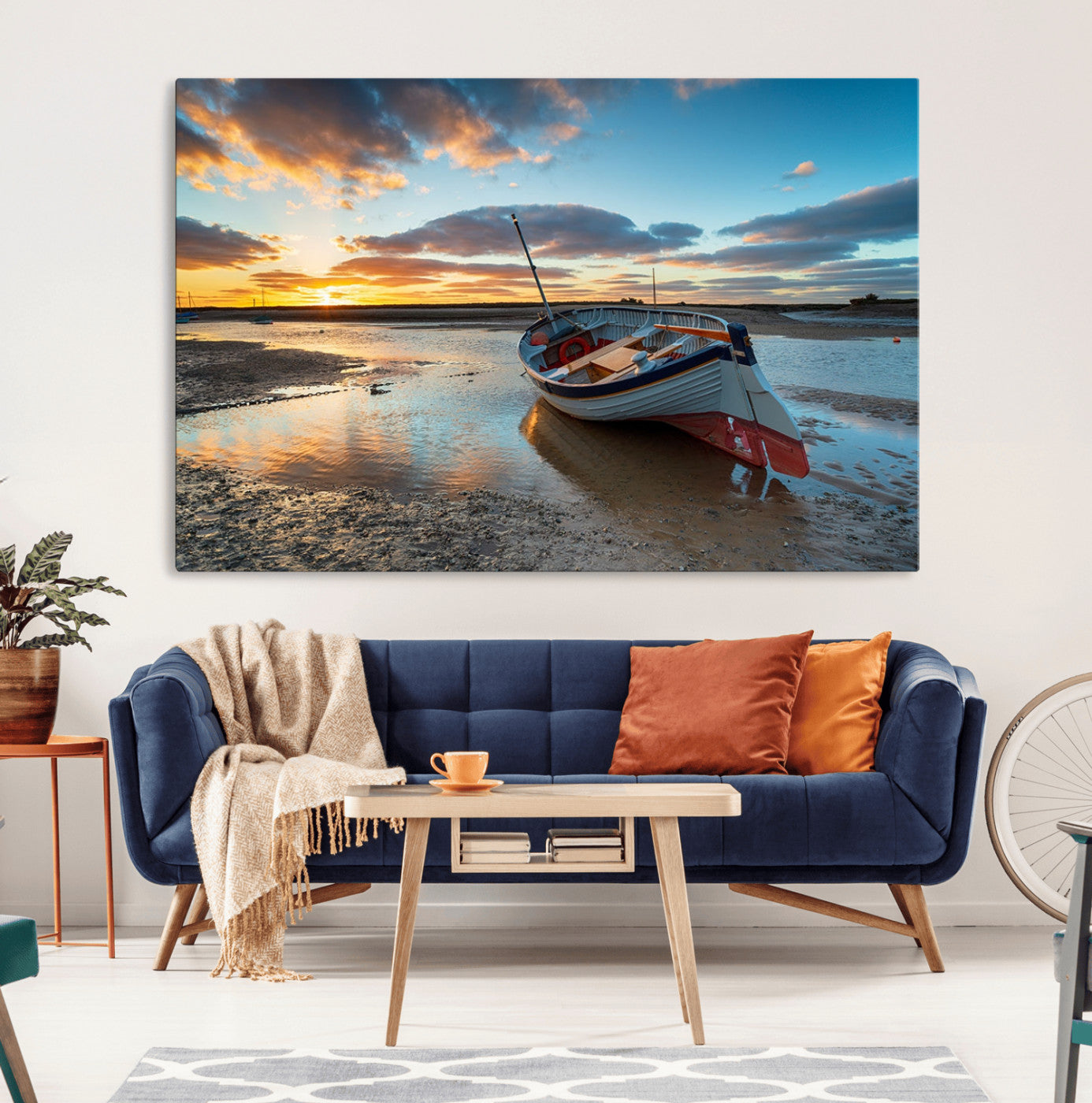 MGV-CV-36X24 - Small Boat At The Beach Sunset Wall Art, Boat Sunset Wall Art Canvas Print
