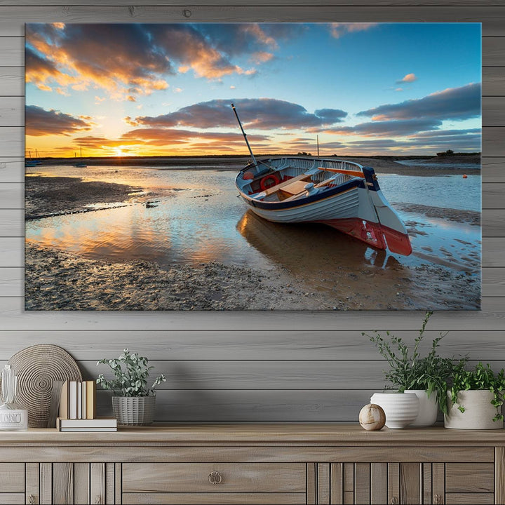 The Small Boat At The Beach Sunset wall art canvas print features UV coating, is museum-quality, and is ready to hang.