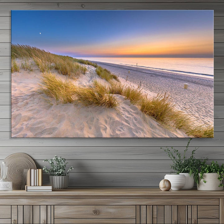 The cozy kitchen features the Sunrise On The Beach canvas art.