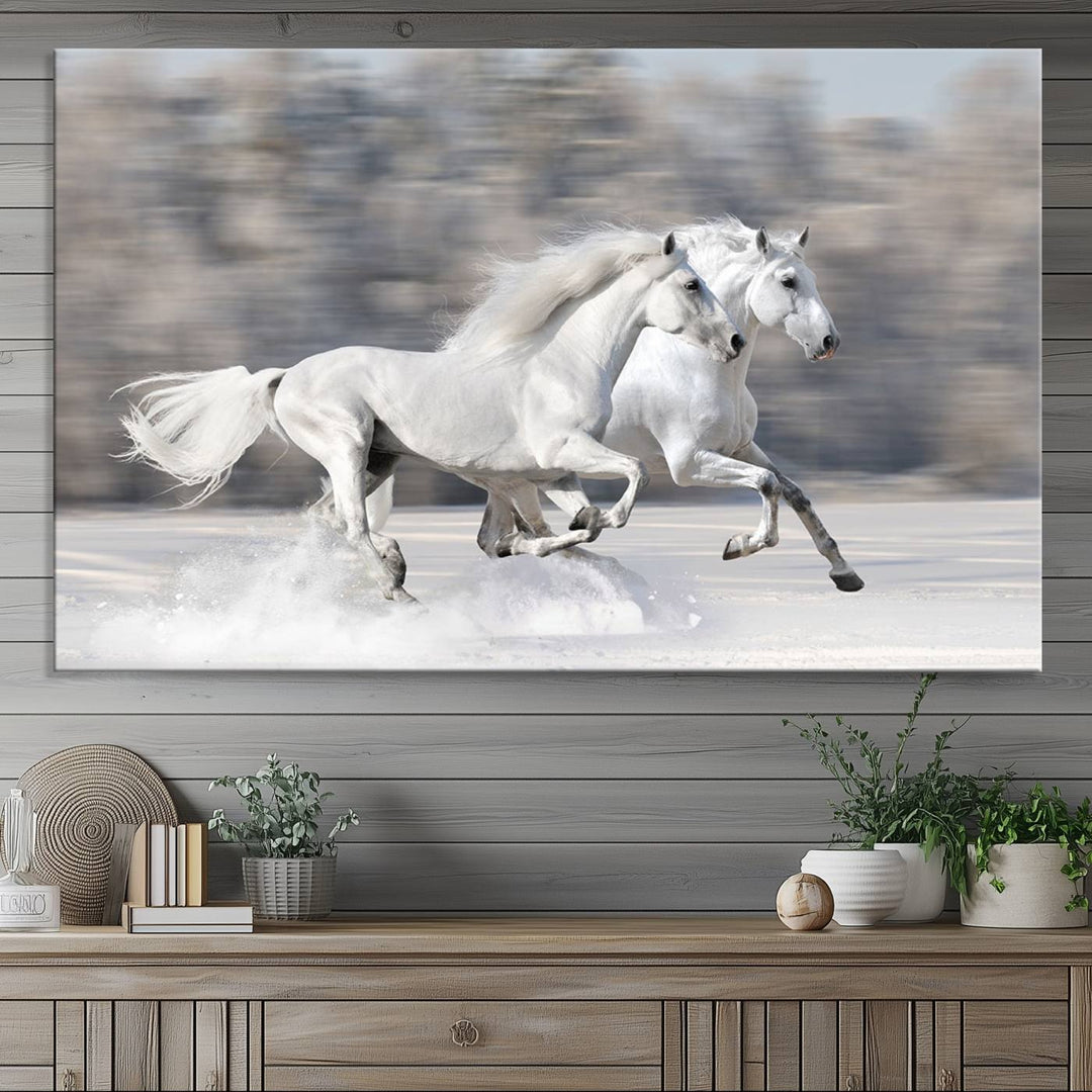 Museum-quality All The White Horses canvas print of two white horses in snow, ready to hang.