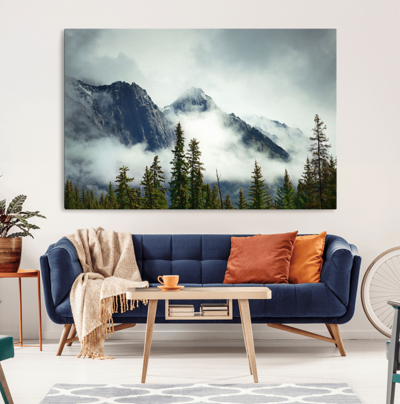 93219-MGV-CV-36X24-Mountain Mist Canvas Wall Art Print | 3-Panel Foggy Forest and Mountain Landscape | Large Giclee