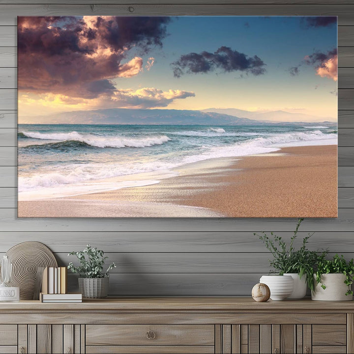 The dining area is enhanced with the Cloudy Weather Beach Sunset Canvas Print.