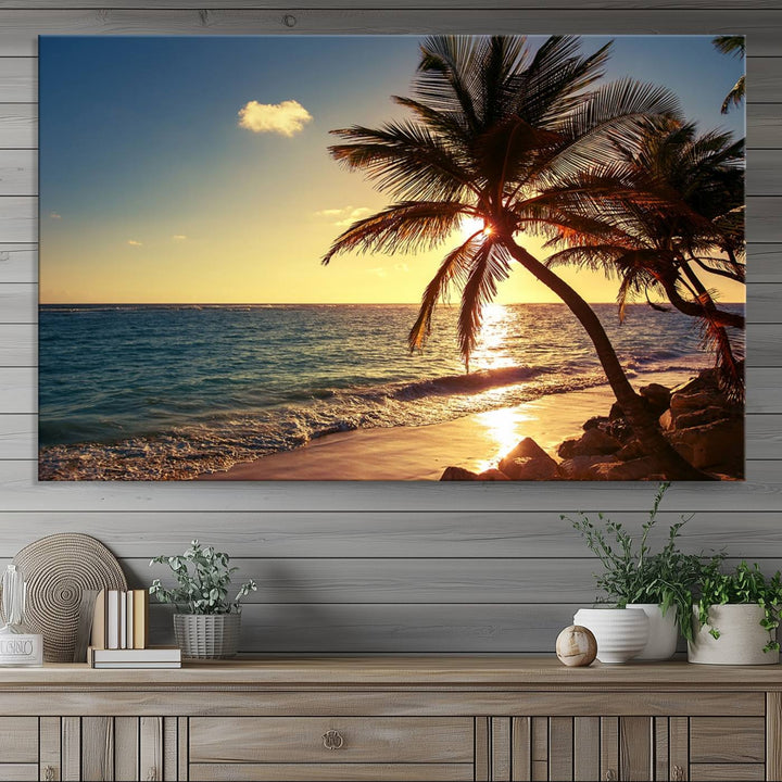 Sunset Palm Trees Wall Art Canvas Print: a serene beach scene on museum-quality canvas.