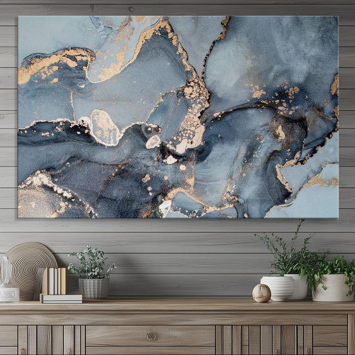 A Multipanel Marble Fluid Effect Canvas Print hangs prominently on the wall.