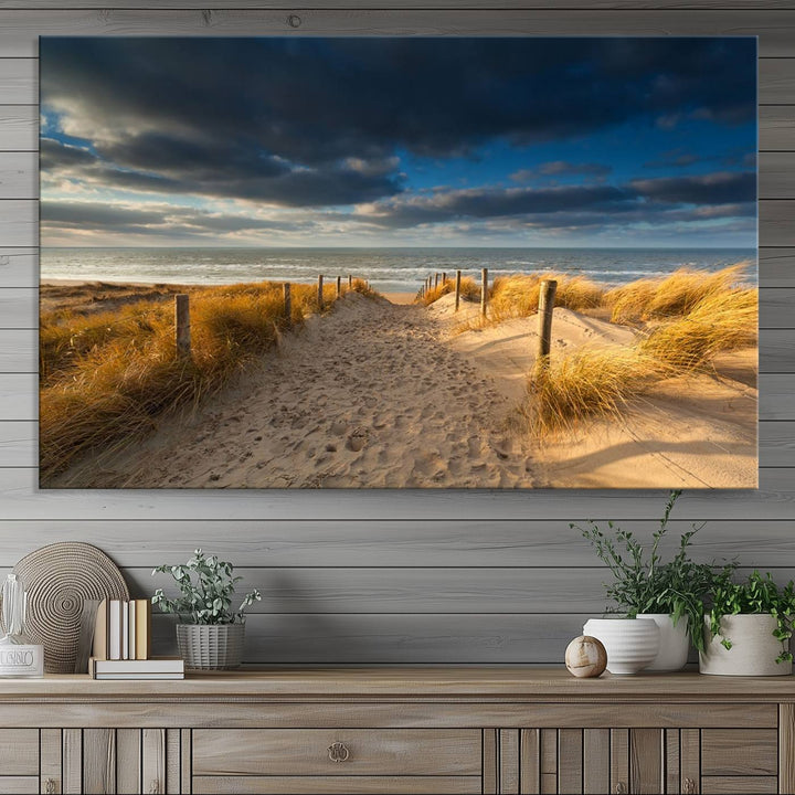 Museum-quality Ocean Beach Dark Clouds canvas print.