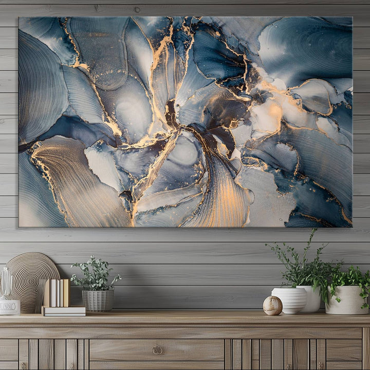 Abstract wall art canvas print is displayed prominently, adding a modern touch to the decor.