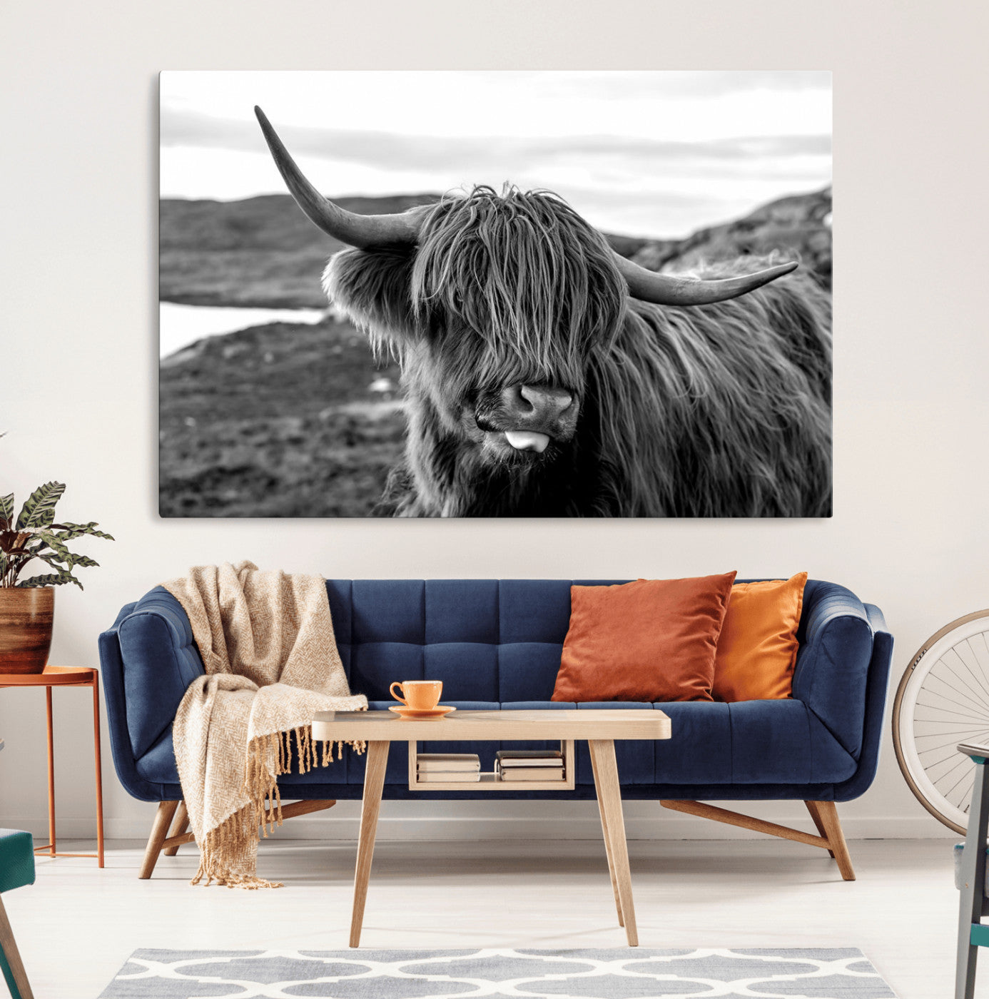 MGV-CV-36X24 - Longhorn Steer Canvas Print Wall Art, Highland Cow Canvas Wall Art – Black and White Animal Portrait