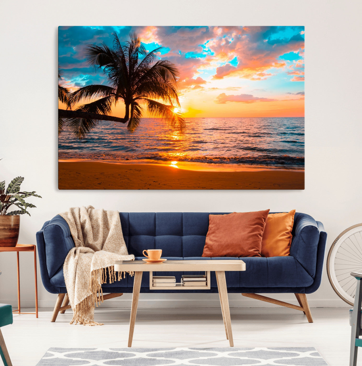 34674-MGV-CV-36X24-Palm Tree Sunset On The Beach Wall Art Canvas, Framed Palm Tree Sunset Canvas Print