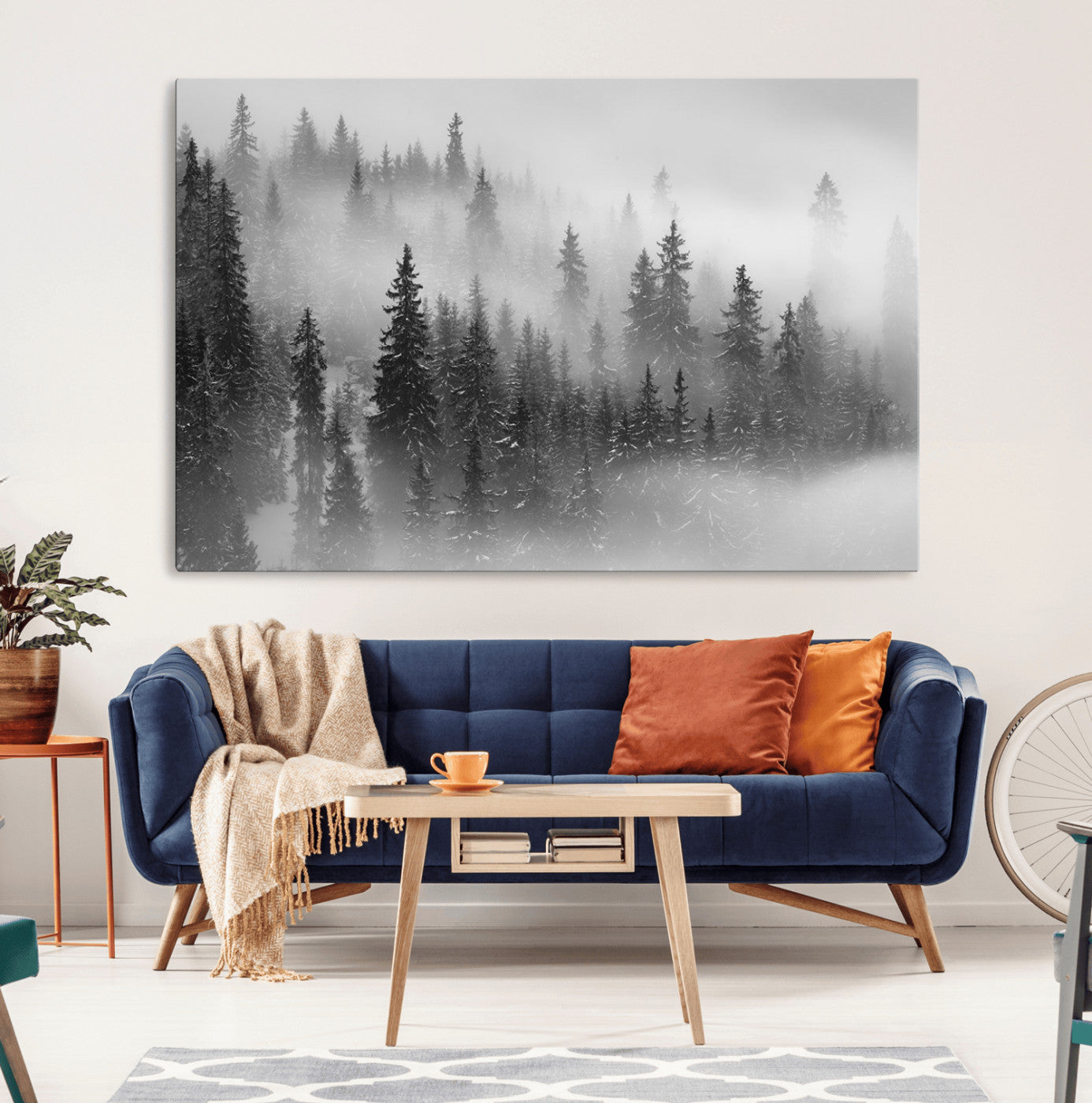 MGV-CV-36X24 - Foggy Misty Forest Canvas Wall Art – Black and White Landscape – Framed and Ready to Hang Modern