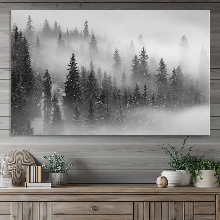 A stunning Foggy Misty Forest Canvas Wall Art adorns the kitchen wall.