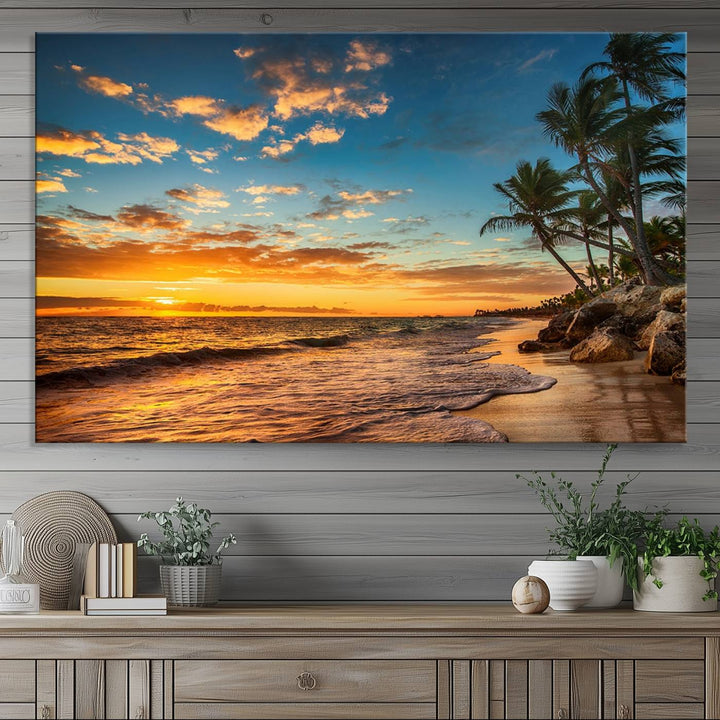 A stunning beach sunset on a museum-quality Sunset Wall Art Canvas Print adorns the kitchen wall.