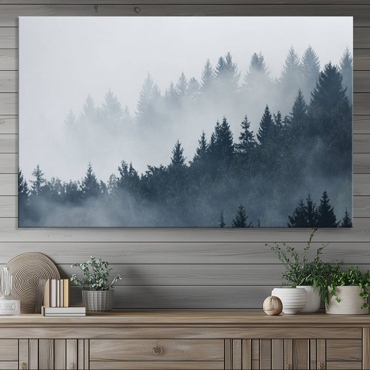 A large Foggy Pine Forest Wall Art Canvas Print.