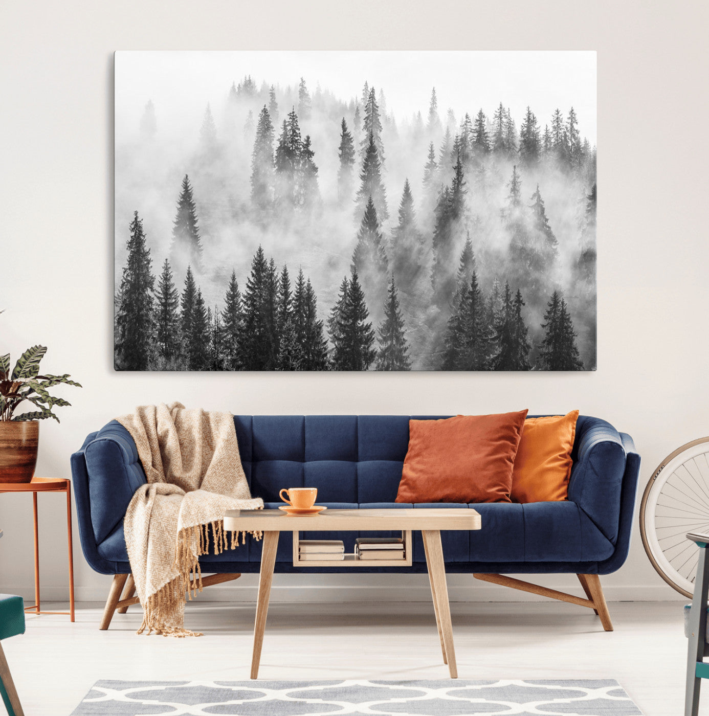 MGV-CV-36X24 - Forest Wall Art Print | Foggy Pine Forest Canvas Wall Art - Black and White Nature Decor for Living